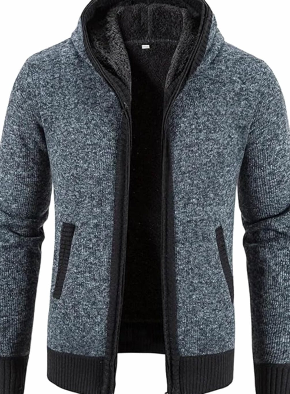 Men's Colorblock Knit Hooded Zip Cardigan with Fleece Lining - Solid Blue