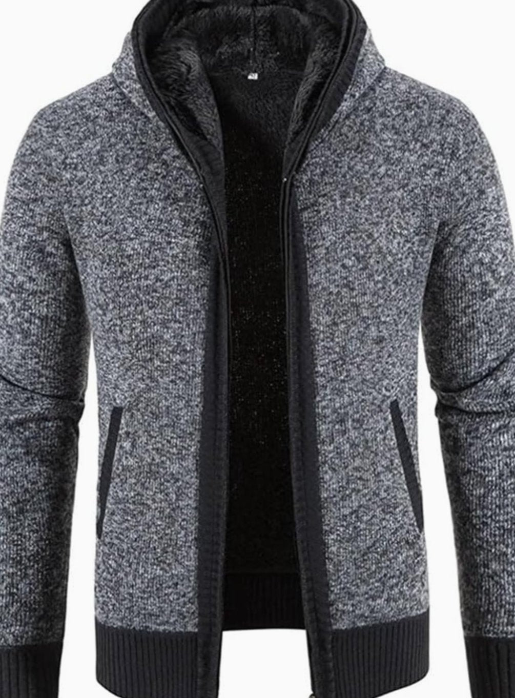 Men's Colorblock Knit Hooded Zip Cardigan with Fleece Lining - Solid Gray