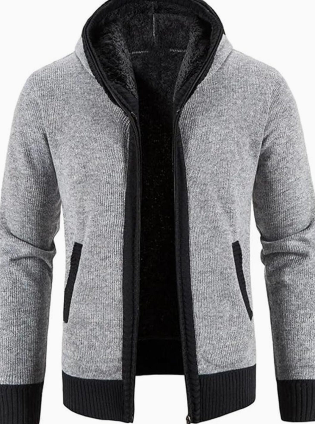 Men's Colorblock Knit Hooded Zip Cardigan with Fleece Lining - Solid Light Gray