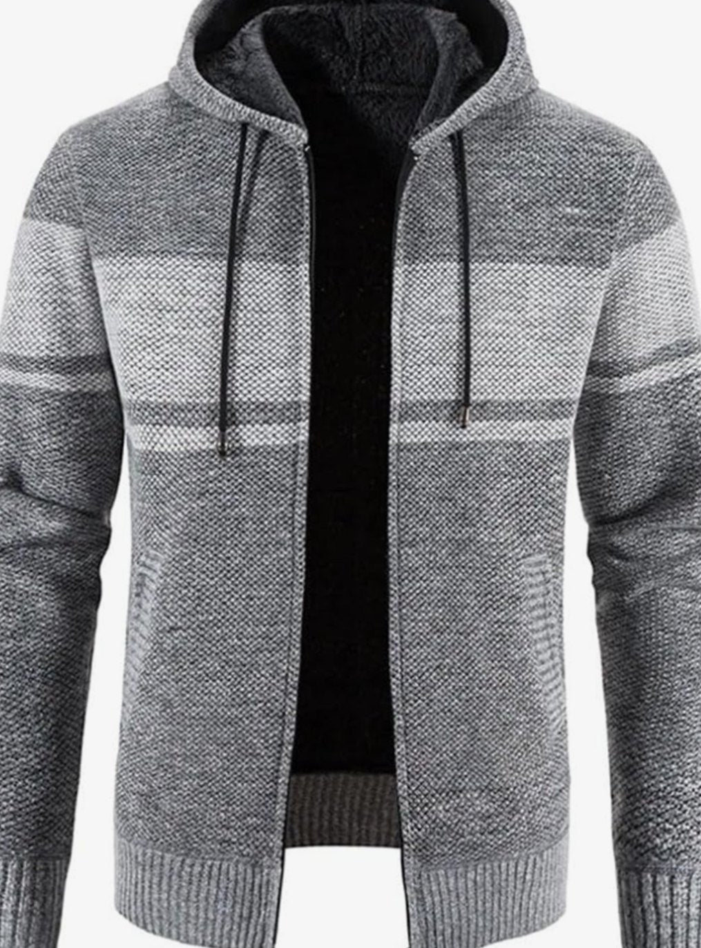 Men's Colorblock Knit Hooded Zip Cardigan with Fleece Lining - Light Gray
