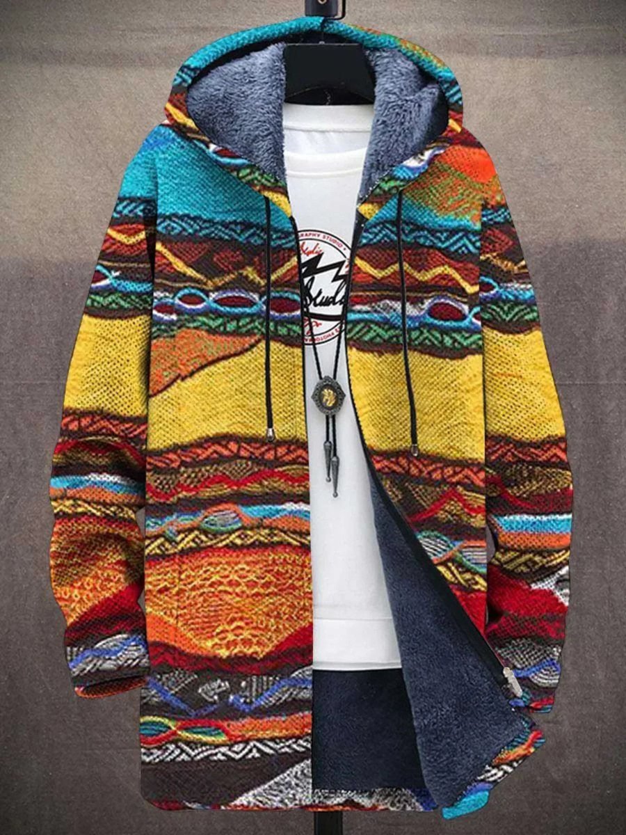 Men's Zip-Up Hooded Knit Cardigan with Fleece Lining – Retro Multicolor