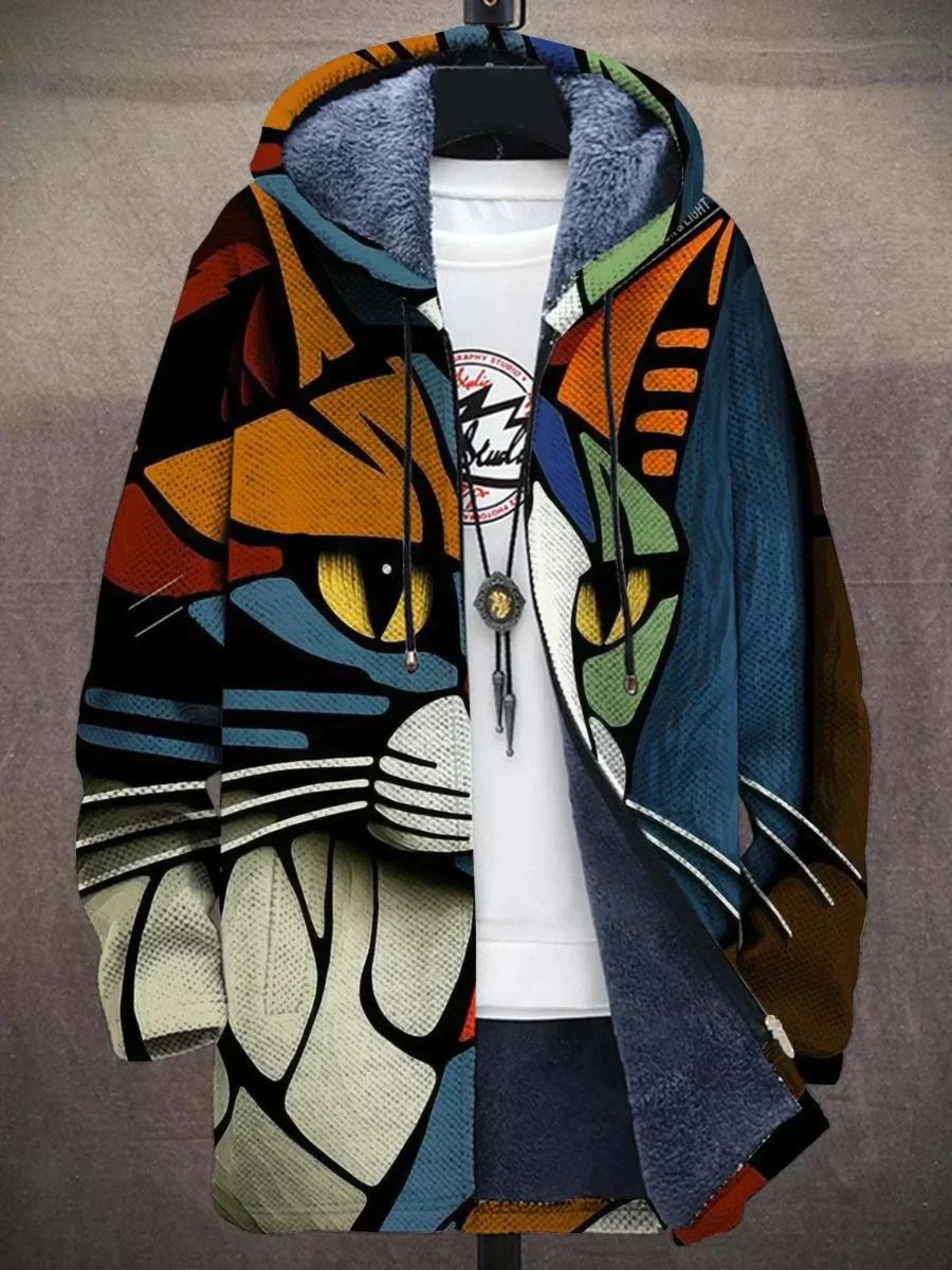 Men's Zip-Up Hooded Knit Cardigan with Fleece Lining – Cat Print Multicolor