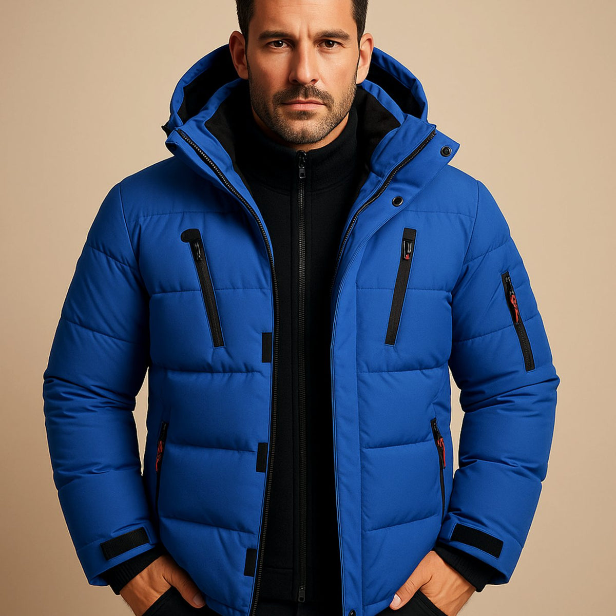 Men's Insulated Winter Puffer with Sleeve Pocket and Hood - Blue