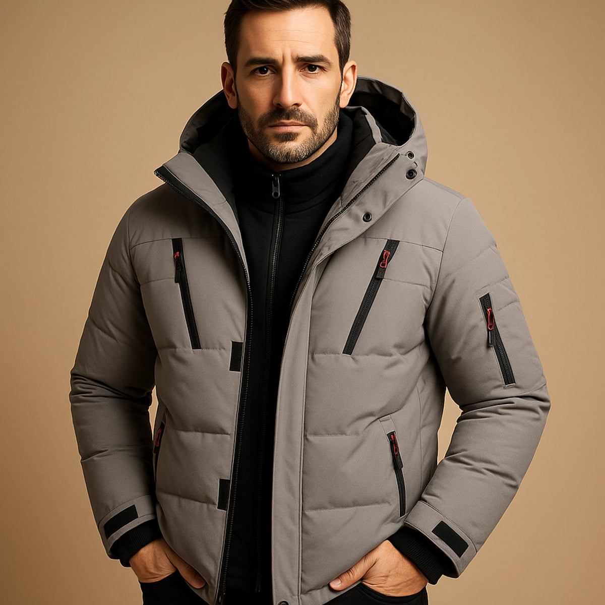 Men's Insulated Winter Puffer with Sleeve Pocket and Hood - Gray