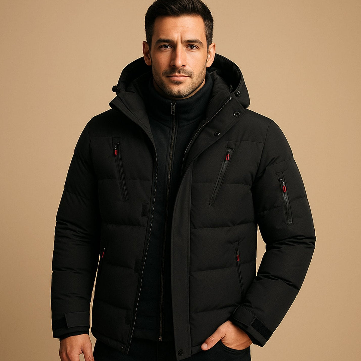 Men's Insulated Winter Puffer with Sleeve Pocket and Hood - Black