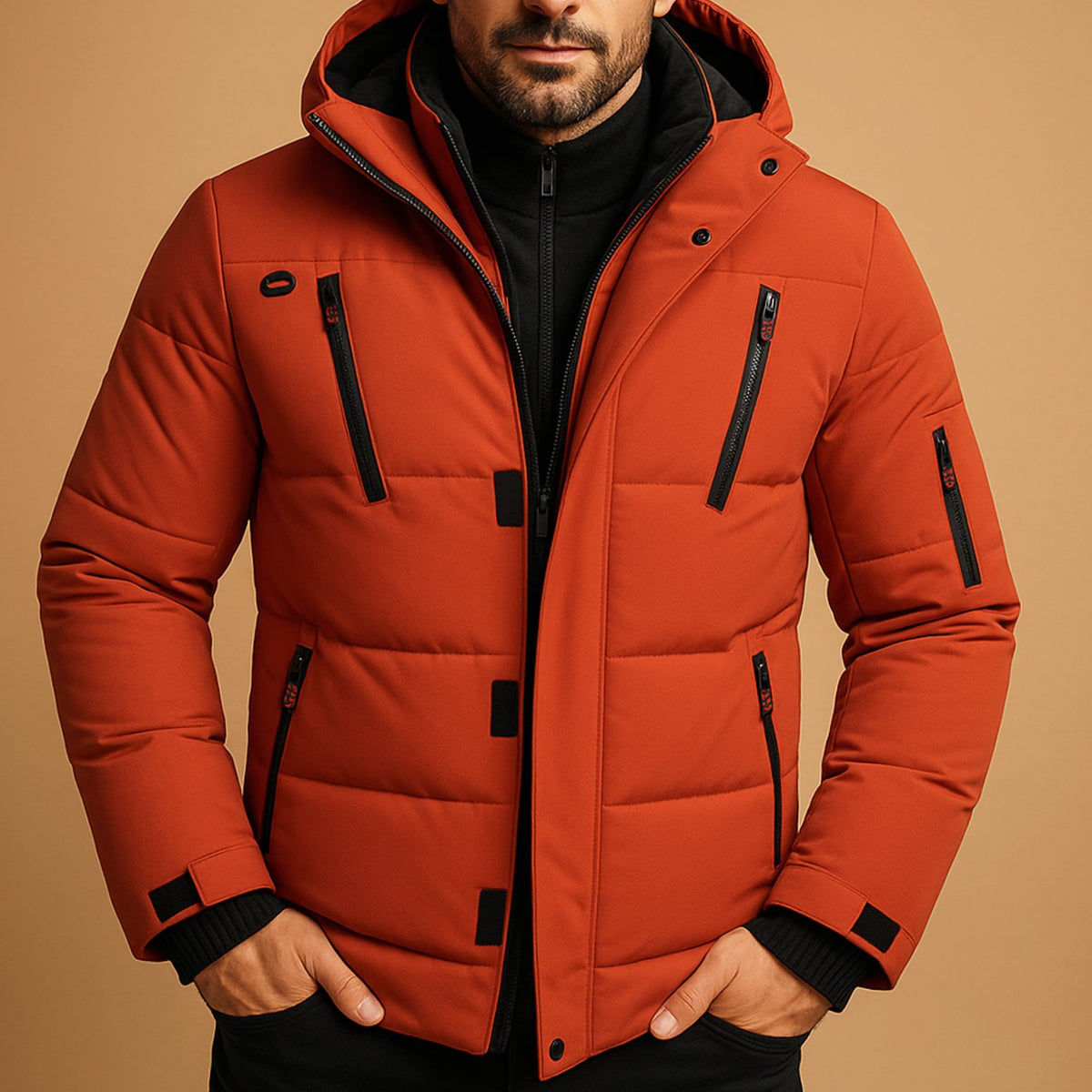 Men's Insulated Winter Puffer with Sleeve Pocket and Hood - Orange