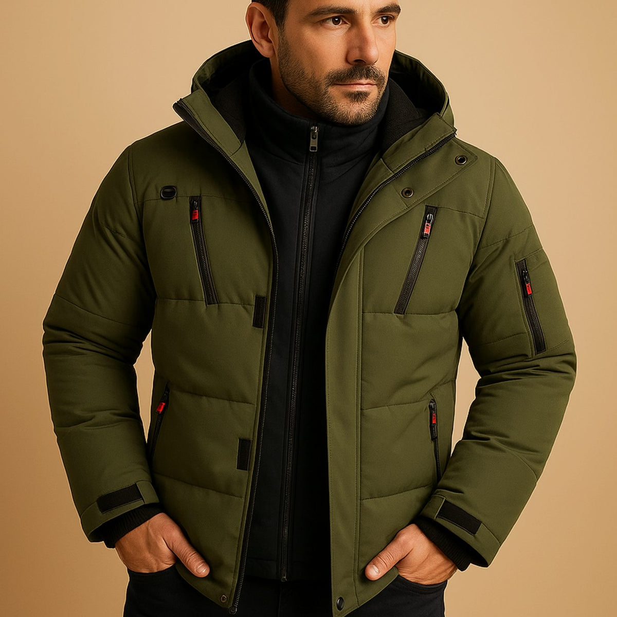 Men's Insulated Winter Puffer with Sleeve Pocket and Hood - Green