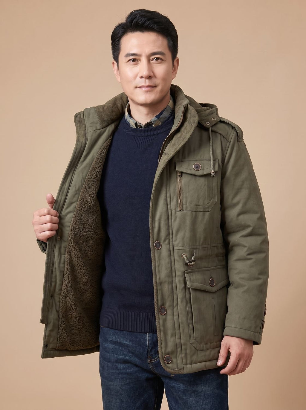 Men's Quilt-Lined Field Parka with Snap and Zip Pockets