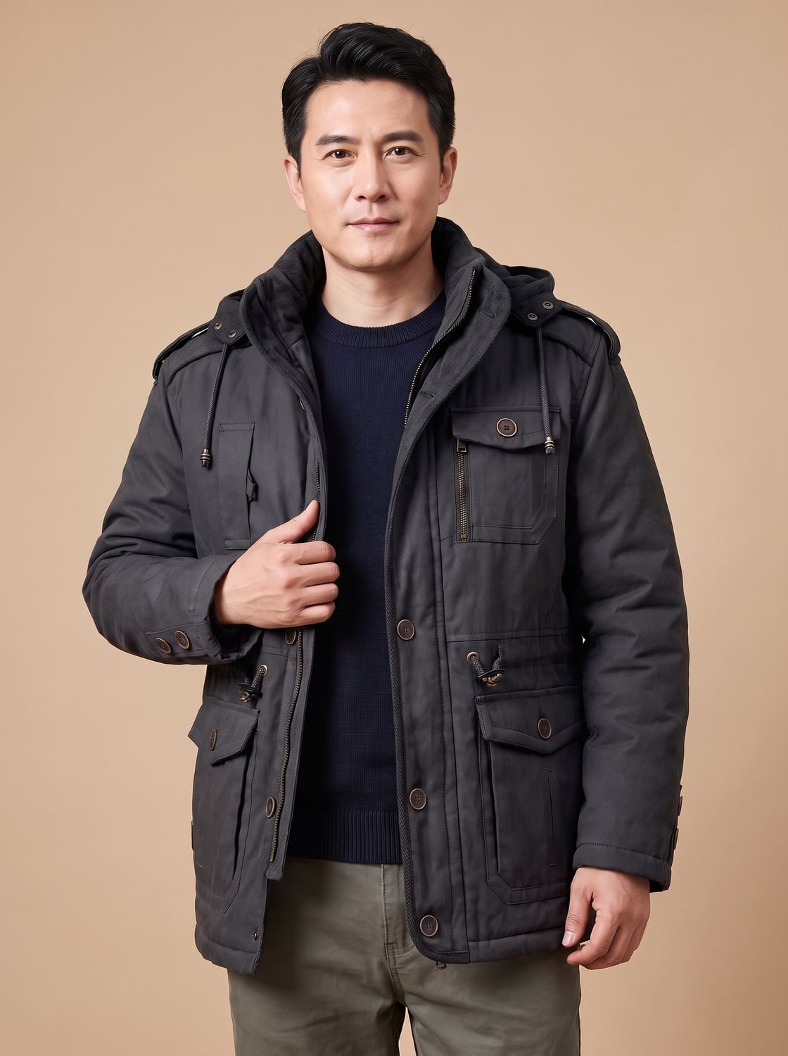 Men's Quilt-Lined Field Parka with Snap and Zip Pockets - Black