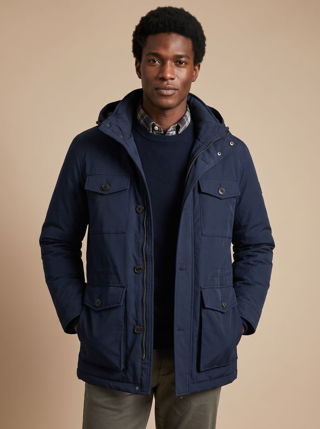 Men's Quilt-Lined Field Parka with Snap and Zip Pockets - Navy Blue