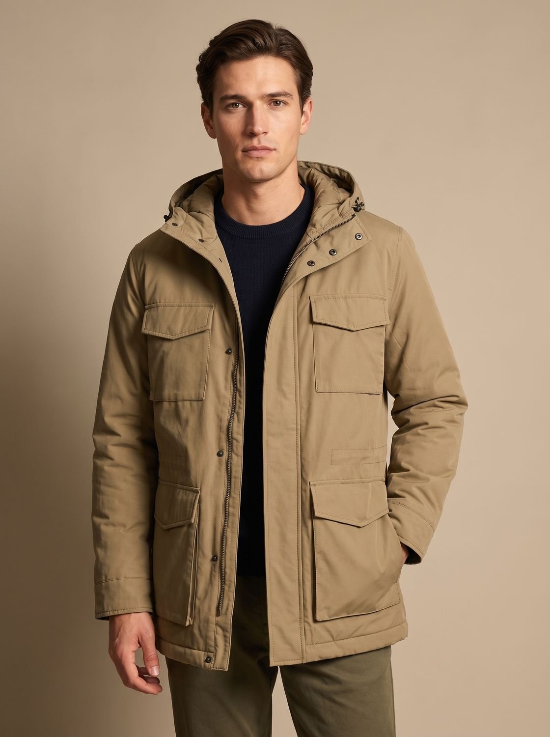 Men's Quilt-Lined Field Parka with Snap and Zip Pockets - Khaki