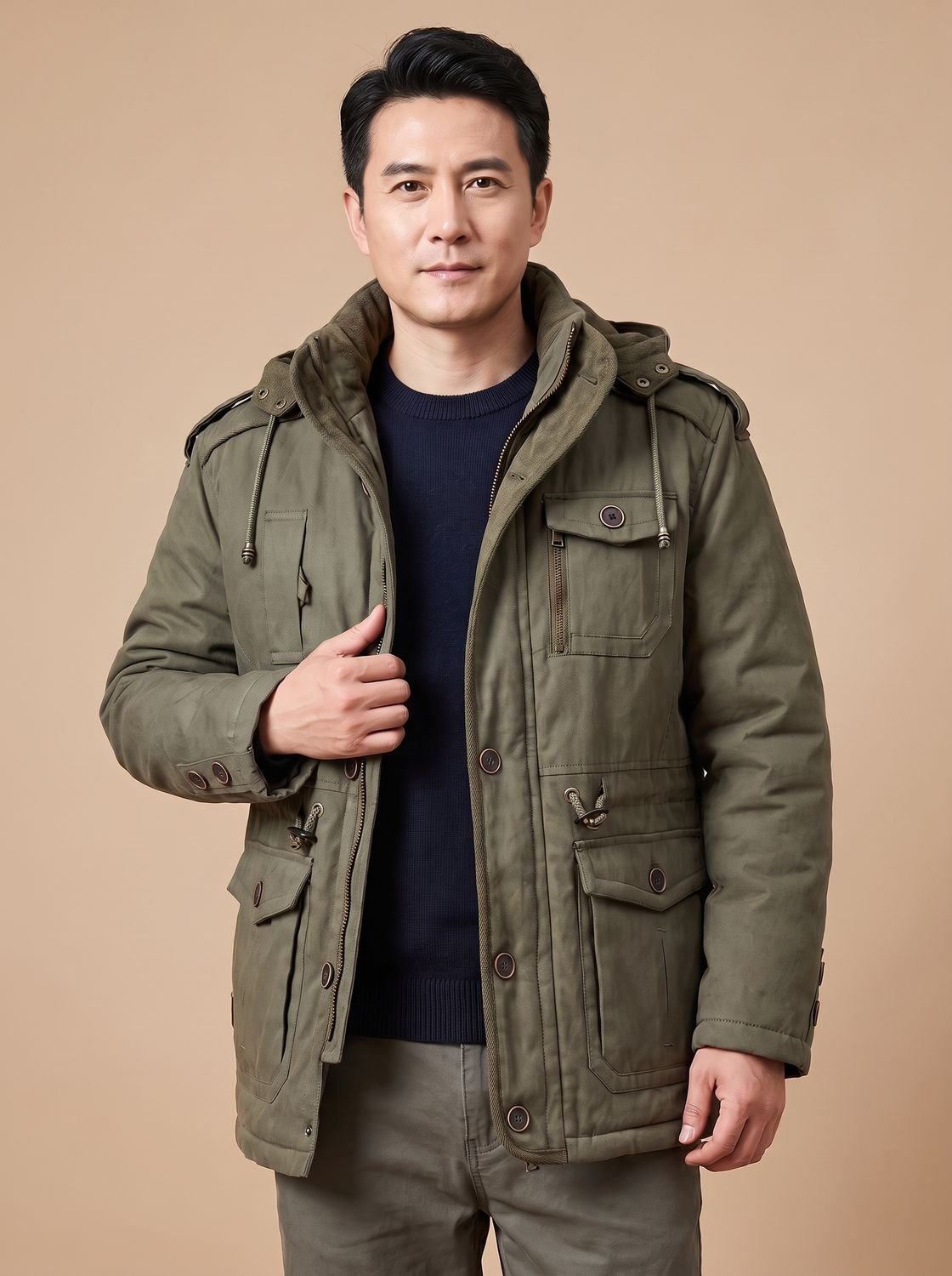Men's Quilt-Lined Field Parka with Snap and Zip Pockets - Olive Green