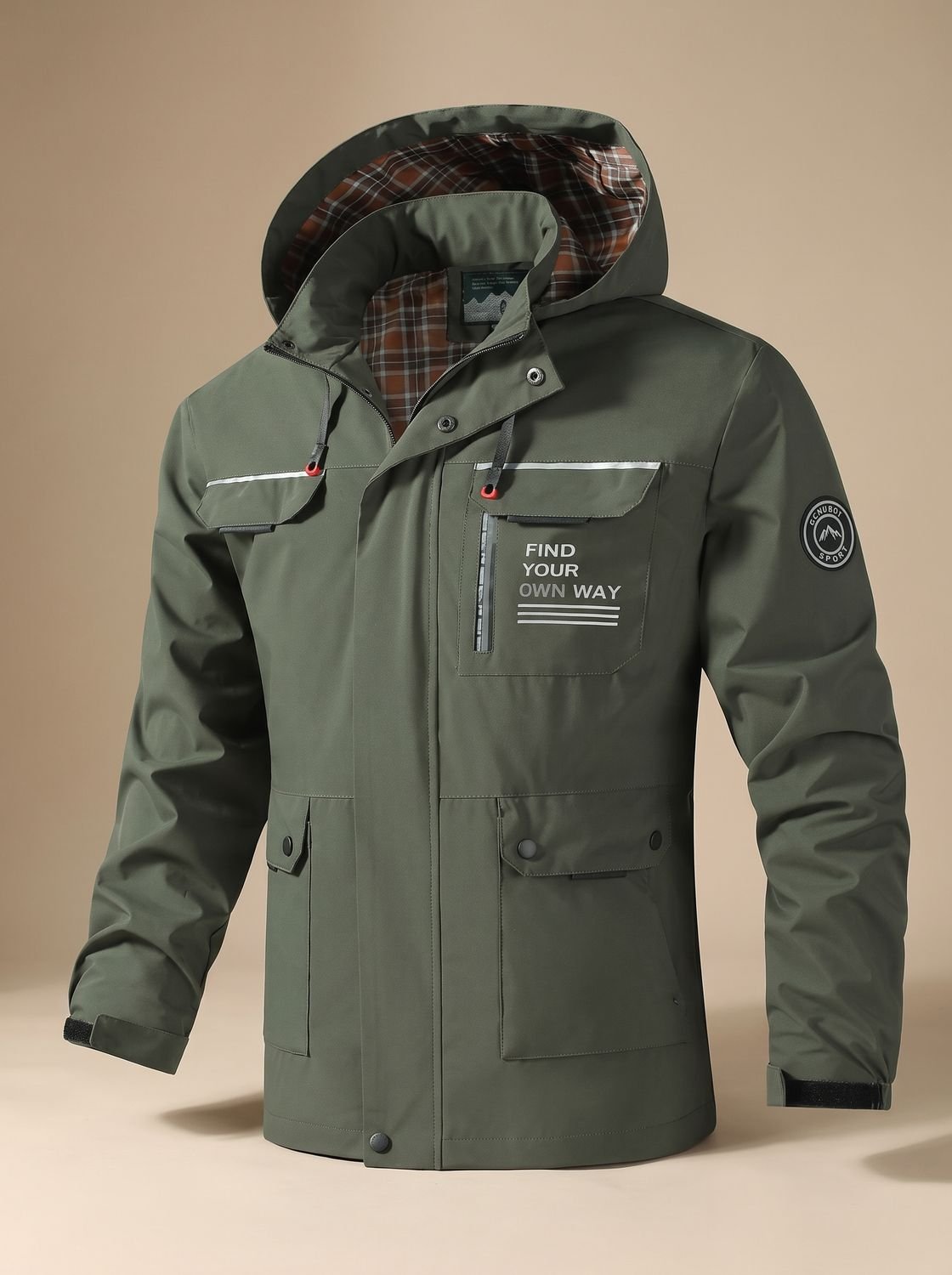 Men's Plaid-Lined Water-Resistant Hooded Utility Jacket - Olive Green