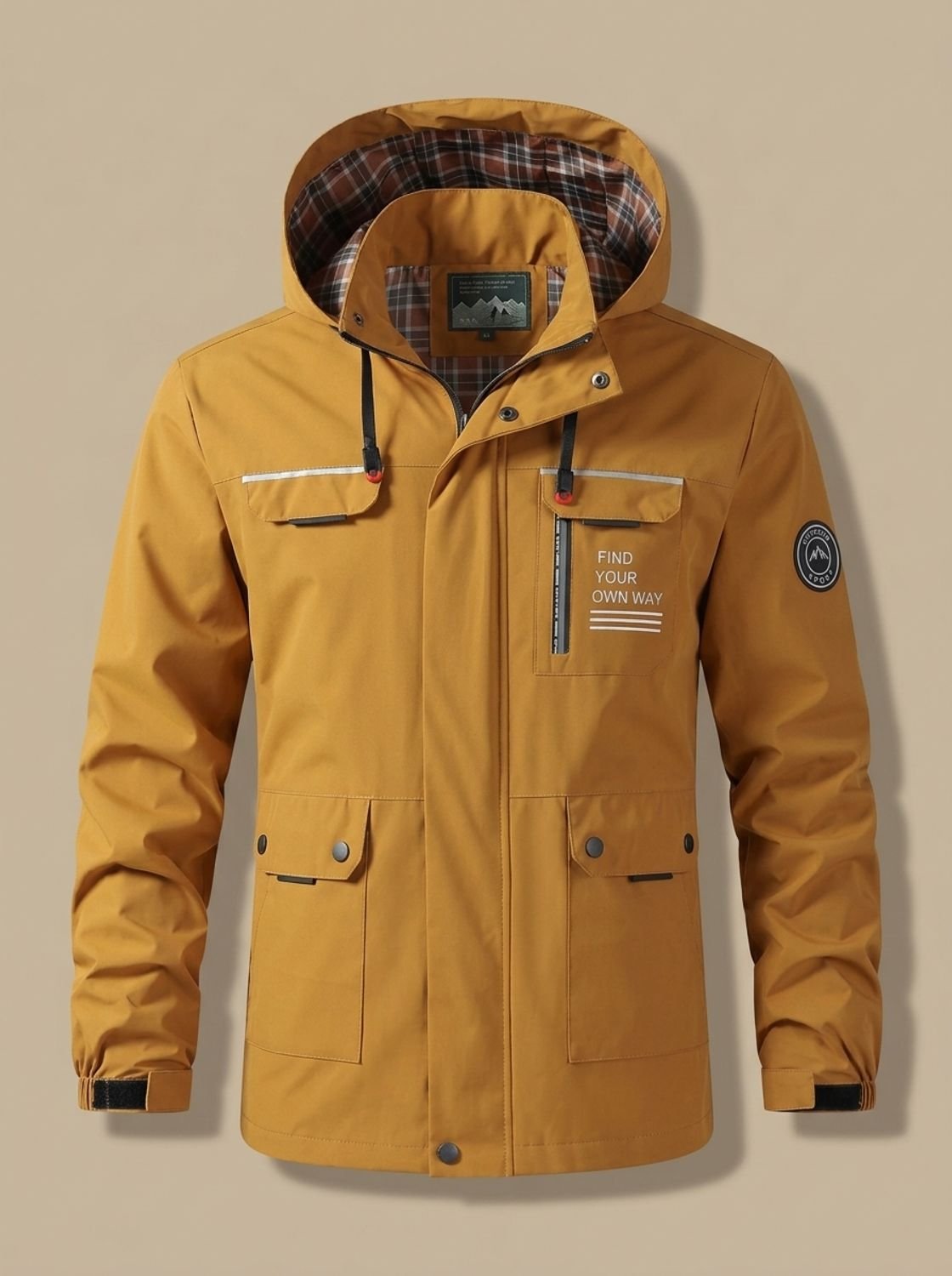 Men's Plaid-Lined Water-Resistant Hooded Utility Jacket - Mustard Yellow