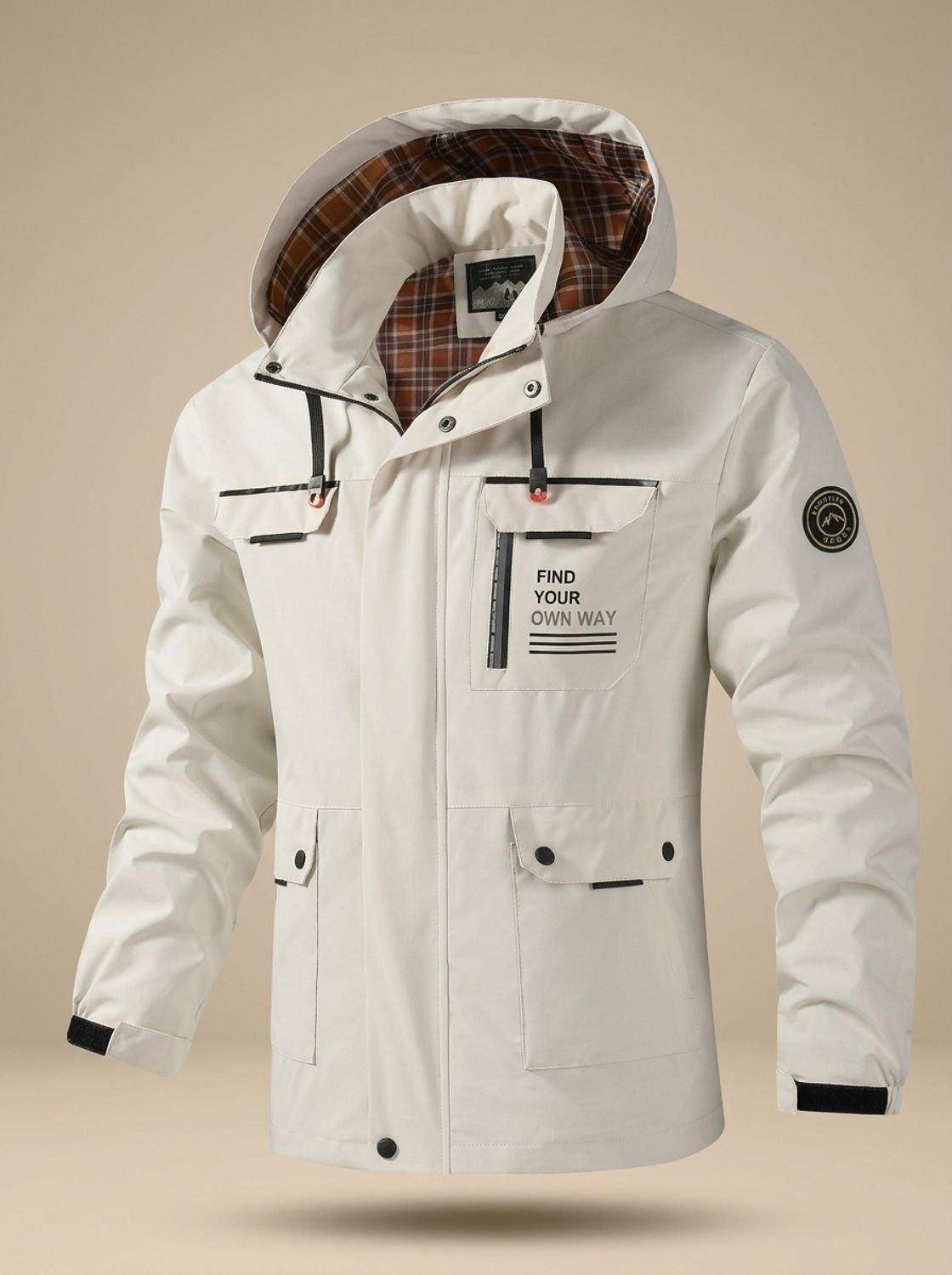 Men's Plaid-Lined Water-Resistant Hooded Utility Jacket - White
