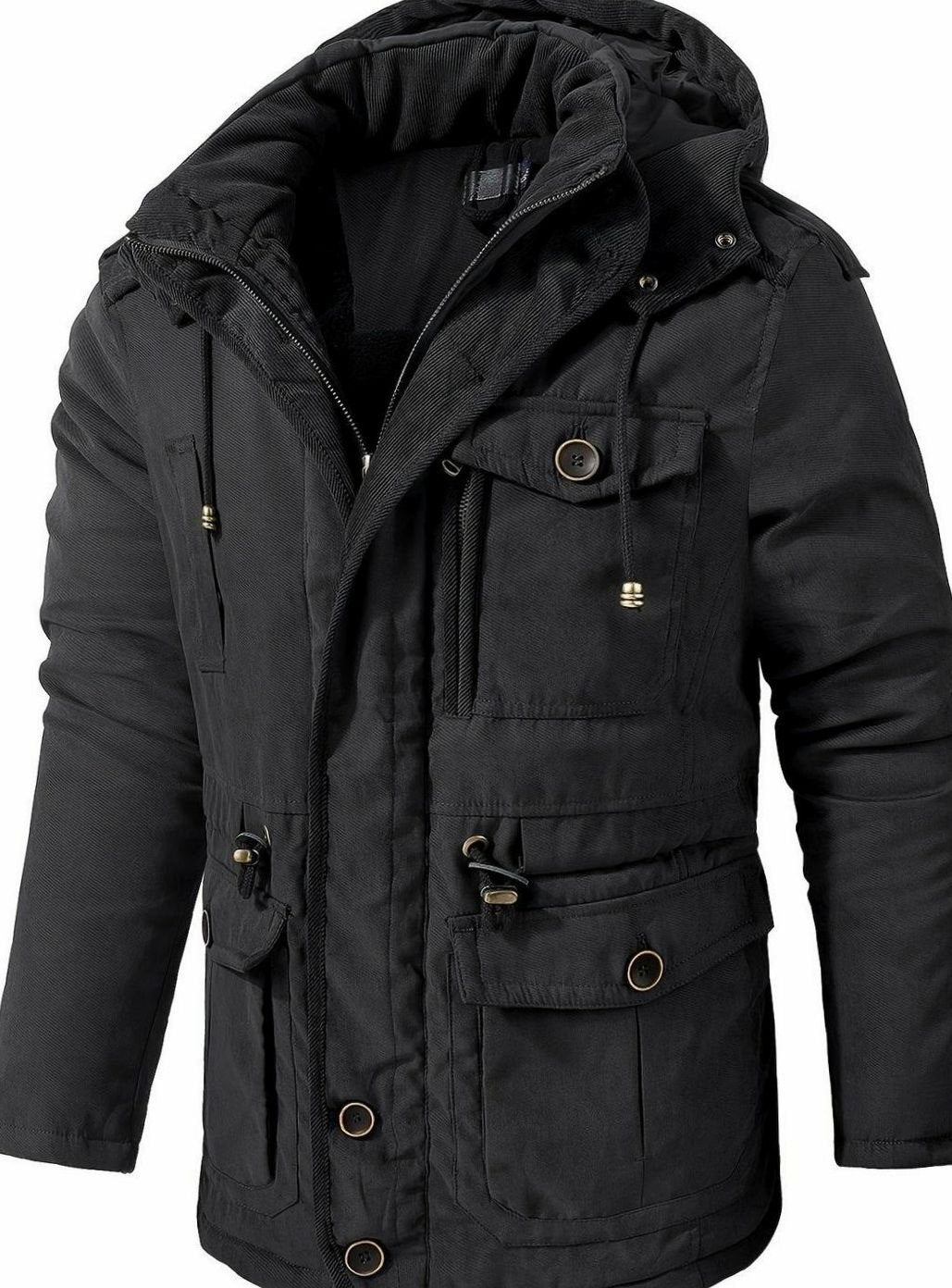 Men's Padded Utility Jacket with Chest Flap and Cargo Pockets - Black