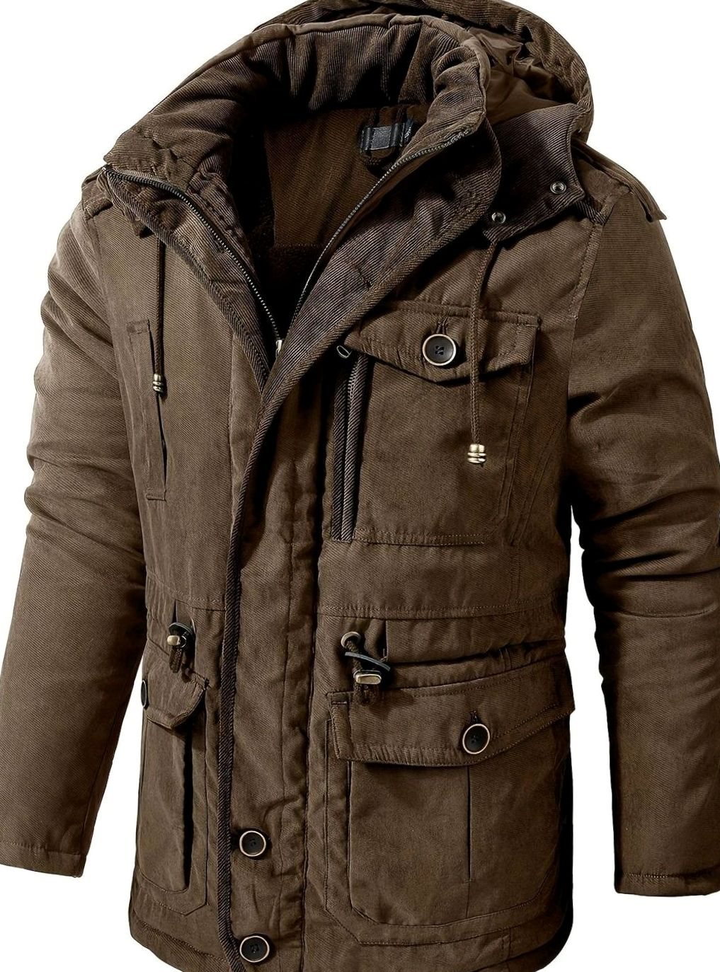 Men's Padded Utility Jacket with Chest Flap and Cargo Pockets - Brown