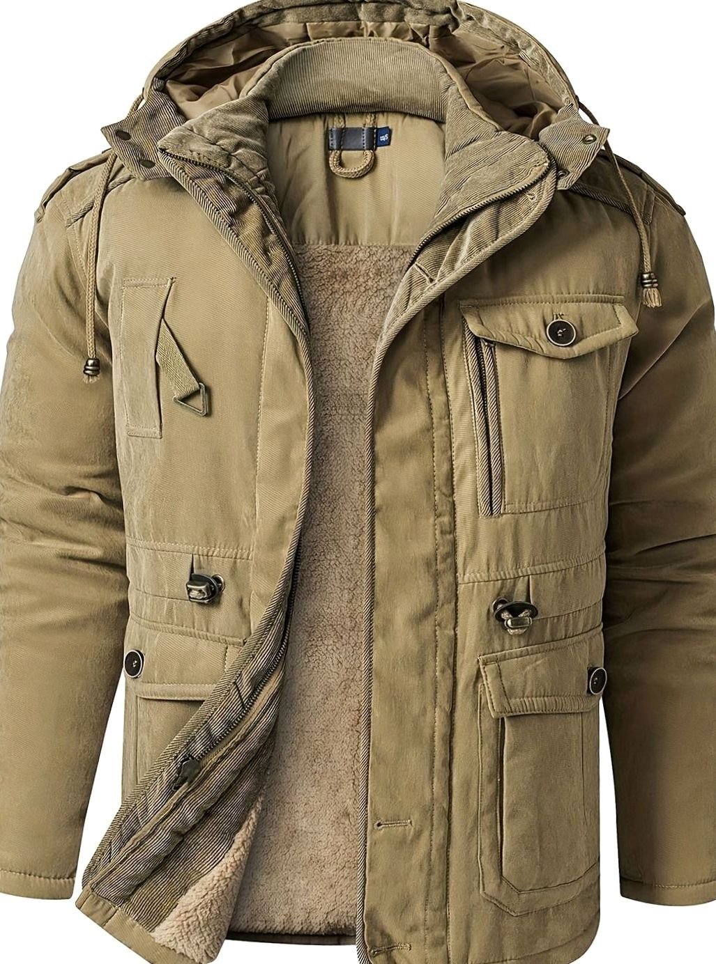 Men's Padded Utility Jacket with Chest Flap and Cargo Pockets - Khaki