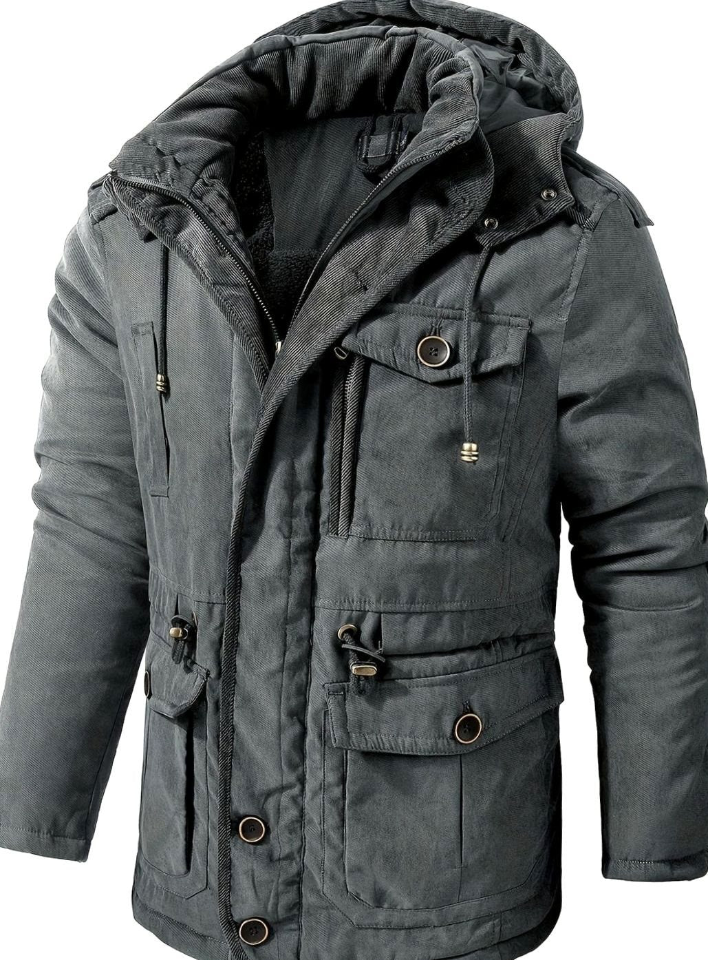 Men's Padded Utility Jacket with Chest Flap and Cargo Pockets - Gray