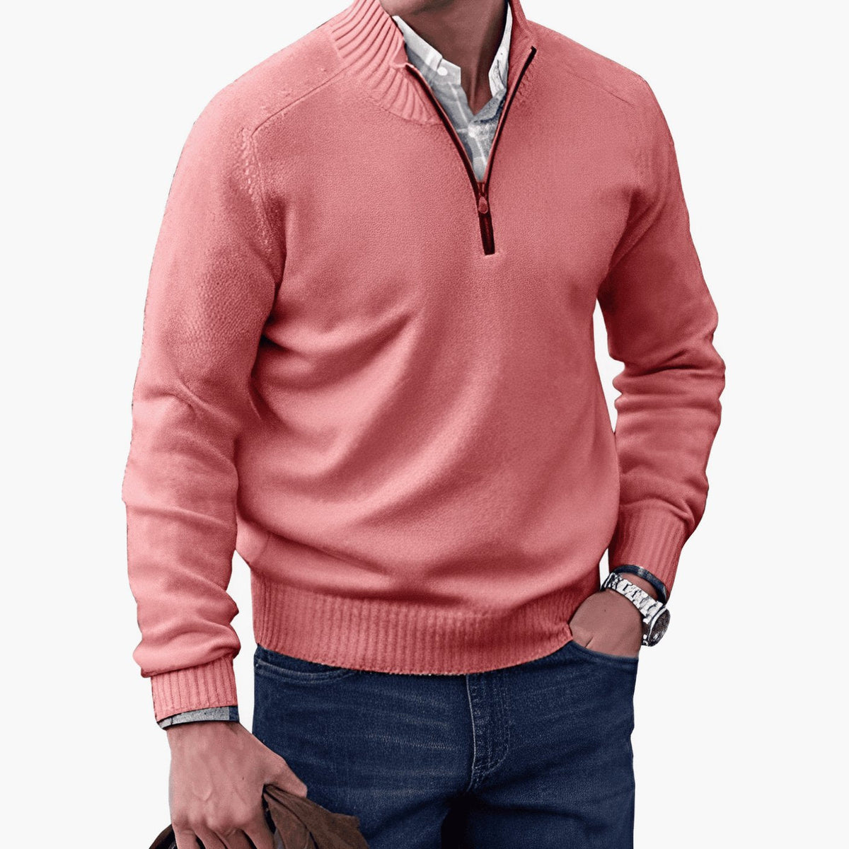 Men's Relaxed Half-Zip Knit Sweater with Ribbed Hem - Pink