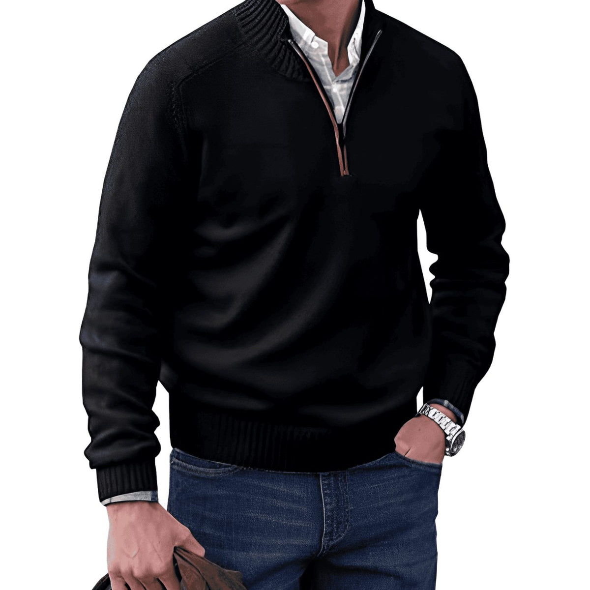Men's Relaxed Half-Zip Knit Sweater with Ribbed Hem - Black