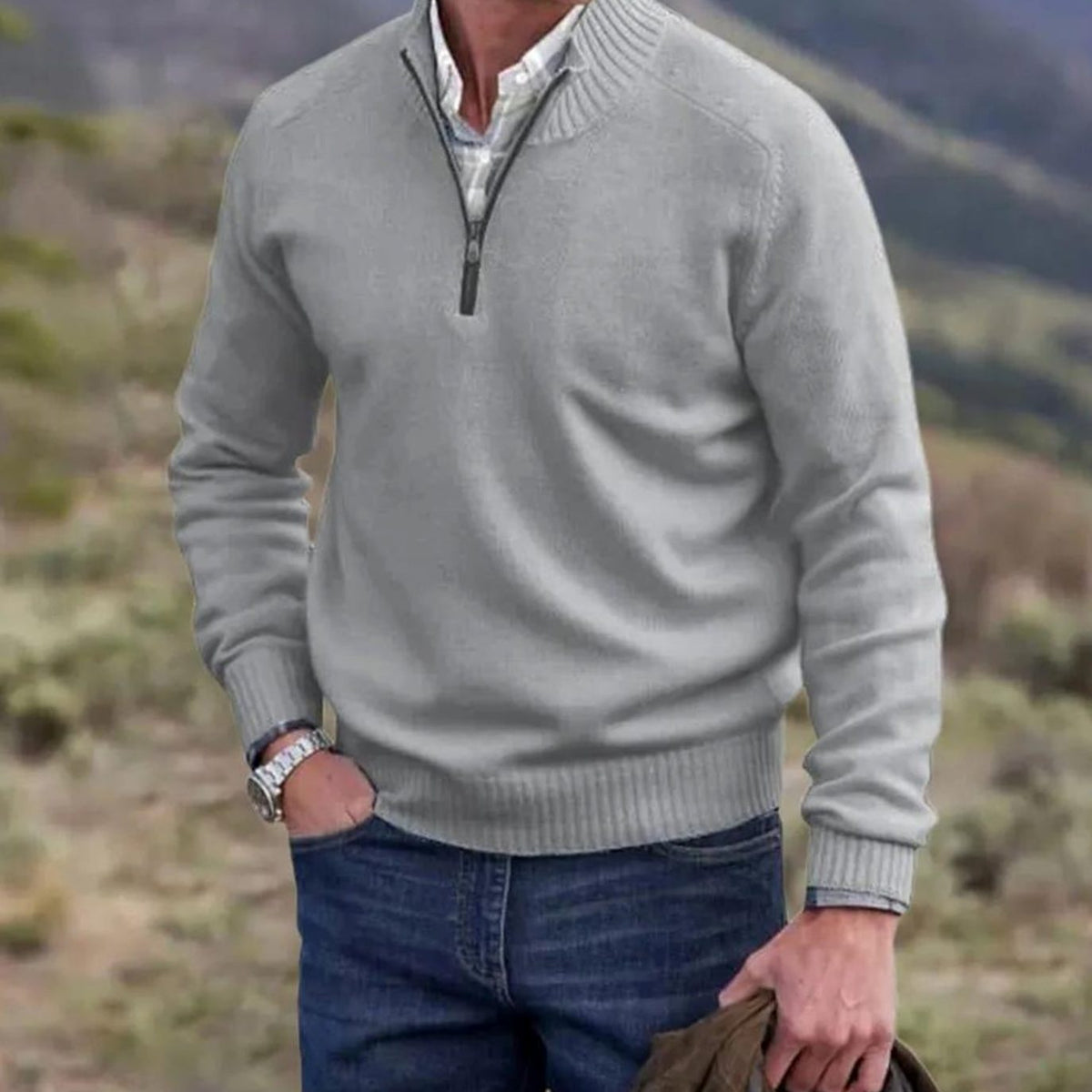Men's Relaxed Half-Zip Knit Sweater with Ribbed Hem