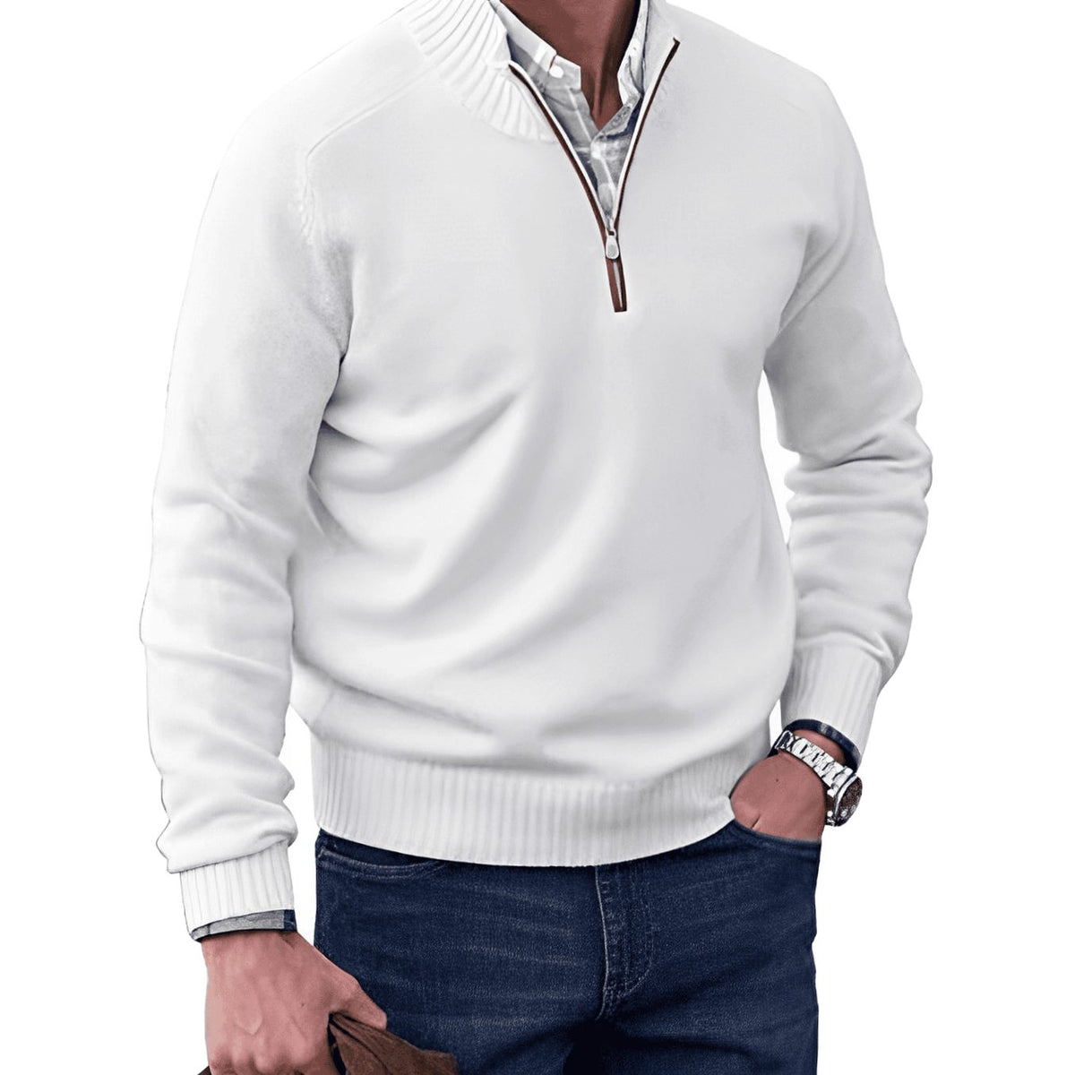 Men's Relaxed Half-Zip Knit Sweater with Ribbed Hem - White