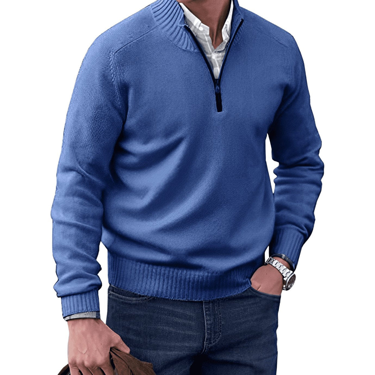 Men's Relaxed Half-Zip Knit Sweater with Ribbed Hem - Blue