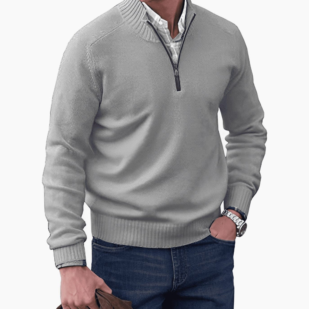 Men's Relaxed Half-Zip Knit Sweater with Ribbed Hem - Light Gray