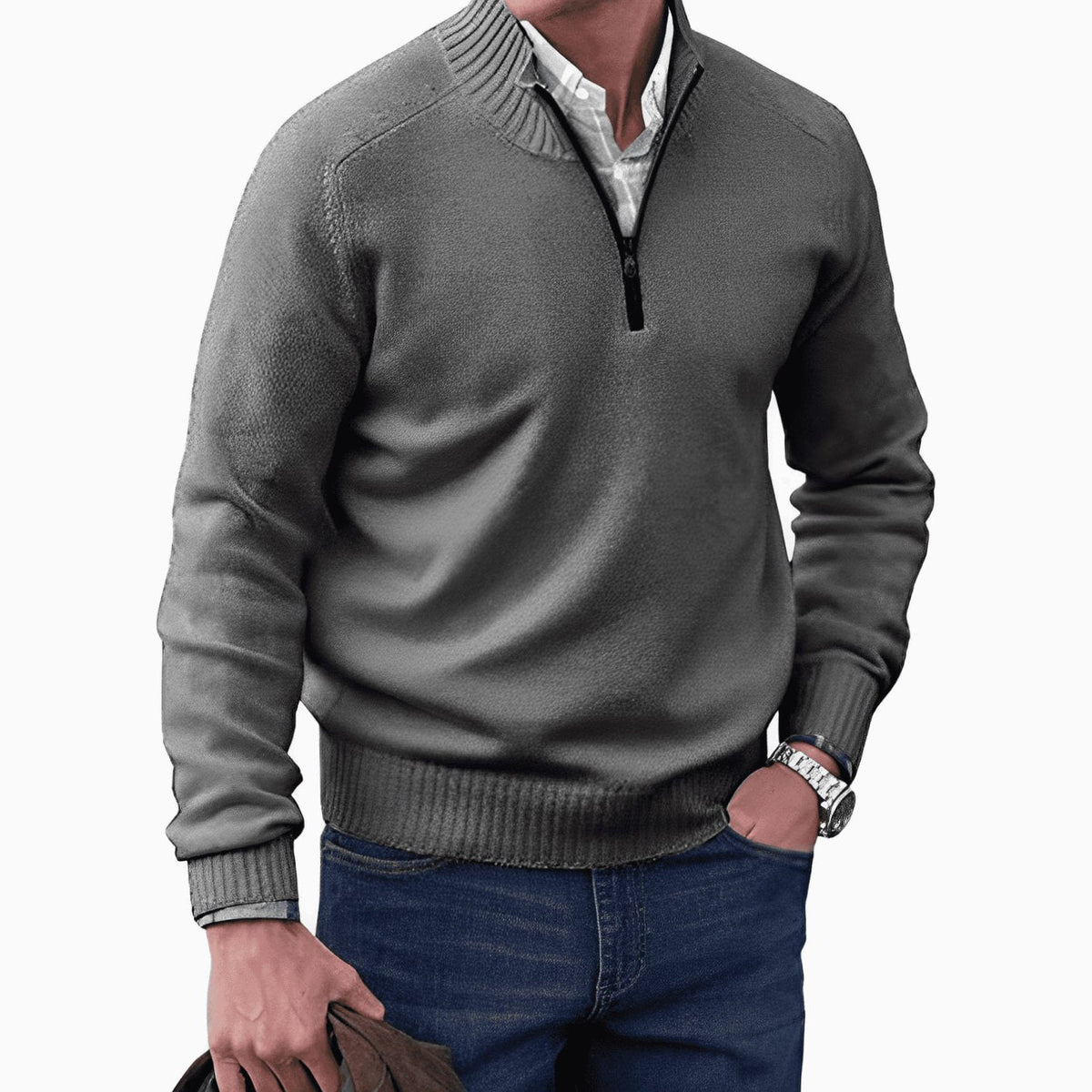 Men's Relaxed Half-Zip Knit Sweater with Ribbed Hem - Dark Gray