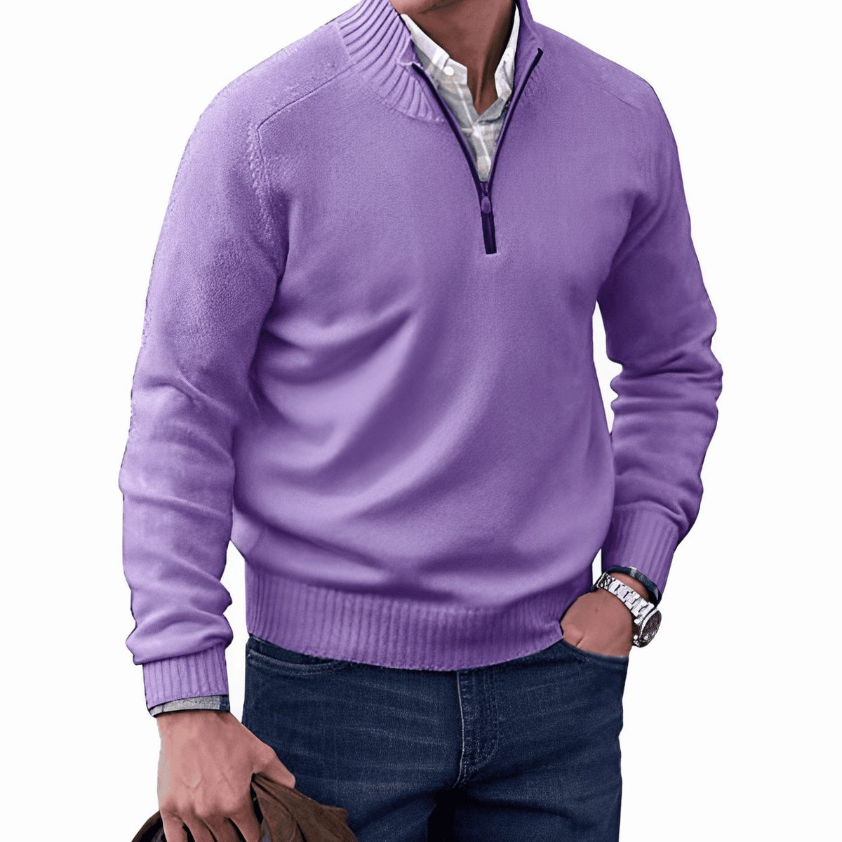 Men's Relaxed Half-Zip Knit Sweater with Ribbed Hem - Purple