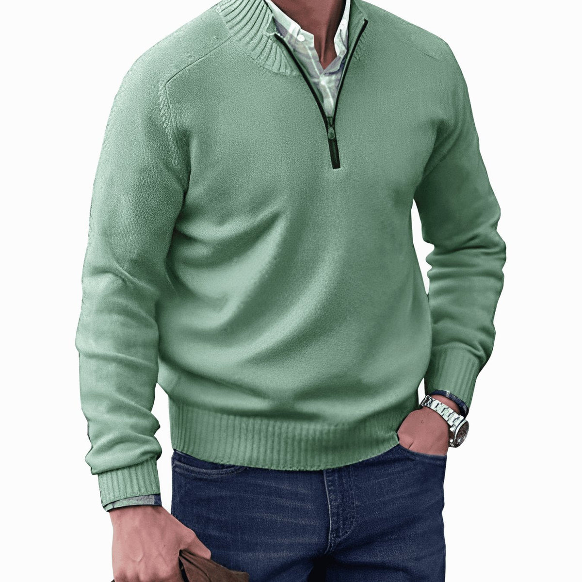 Men's Relaxed Half-Zip Knit Sweater with Ribbed Hem - Green