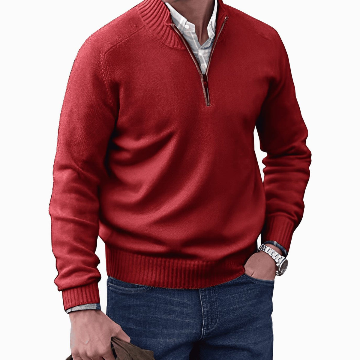 Men's Relaxed Half-Zip Knit Sweater with Ribbed Hem - Red