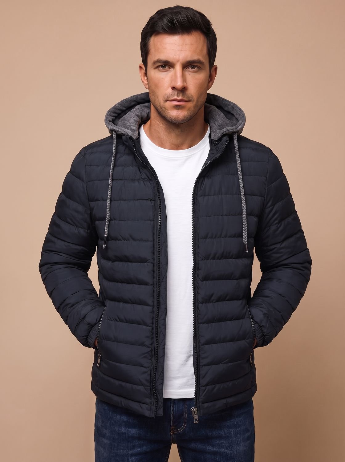 Men's Slim Quilted Puffer Hoodie Jacket with Zip Pockets - Navy Blue