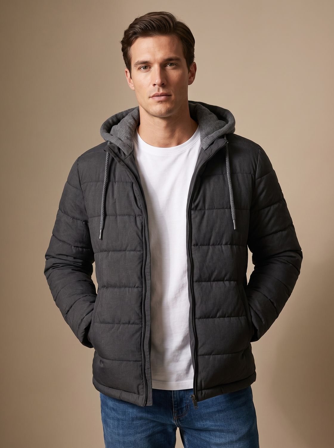 Men's Slim Quilted Puffer Hoodie Jacket with Zip Pockets - Gray