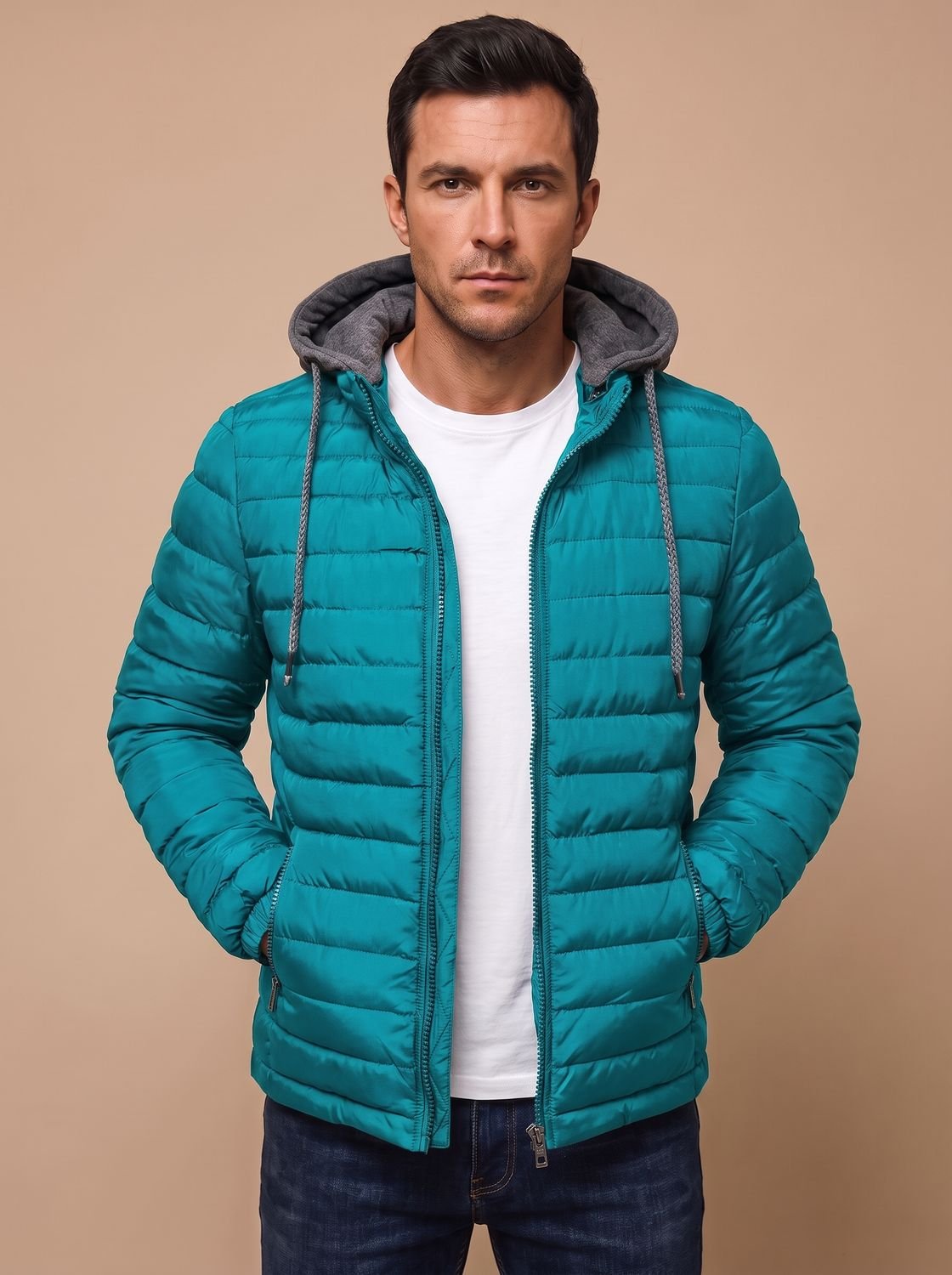 Men's Slim Quilted Puffer Hoodie Jacket with Zip Pockets - Lake Blue