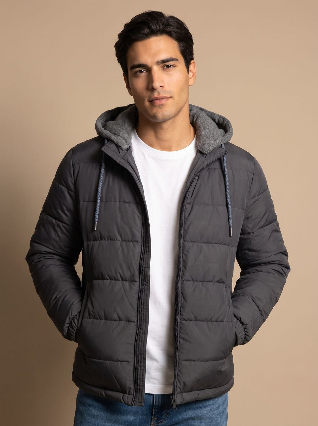 Men's Slim Quilted Puffer Hoodie Jacket with Zip Pockets