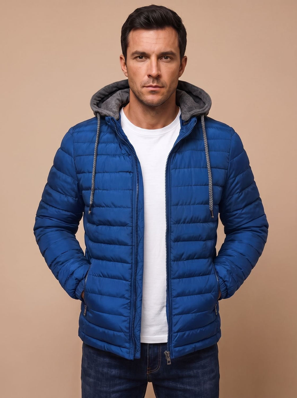 Men's Slim Quilted Puffer Hoodie Jacket with Zip Pockets