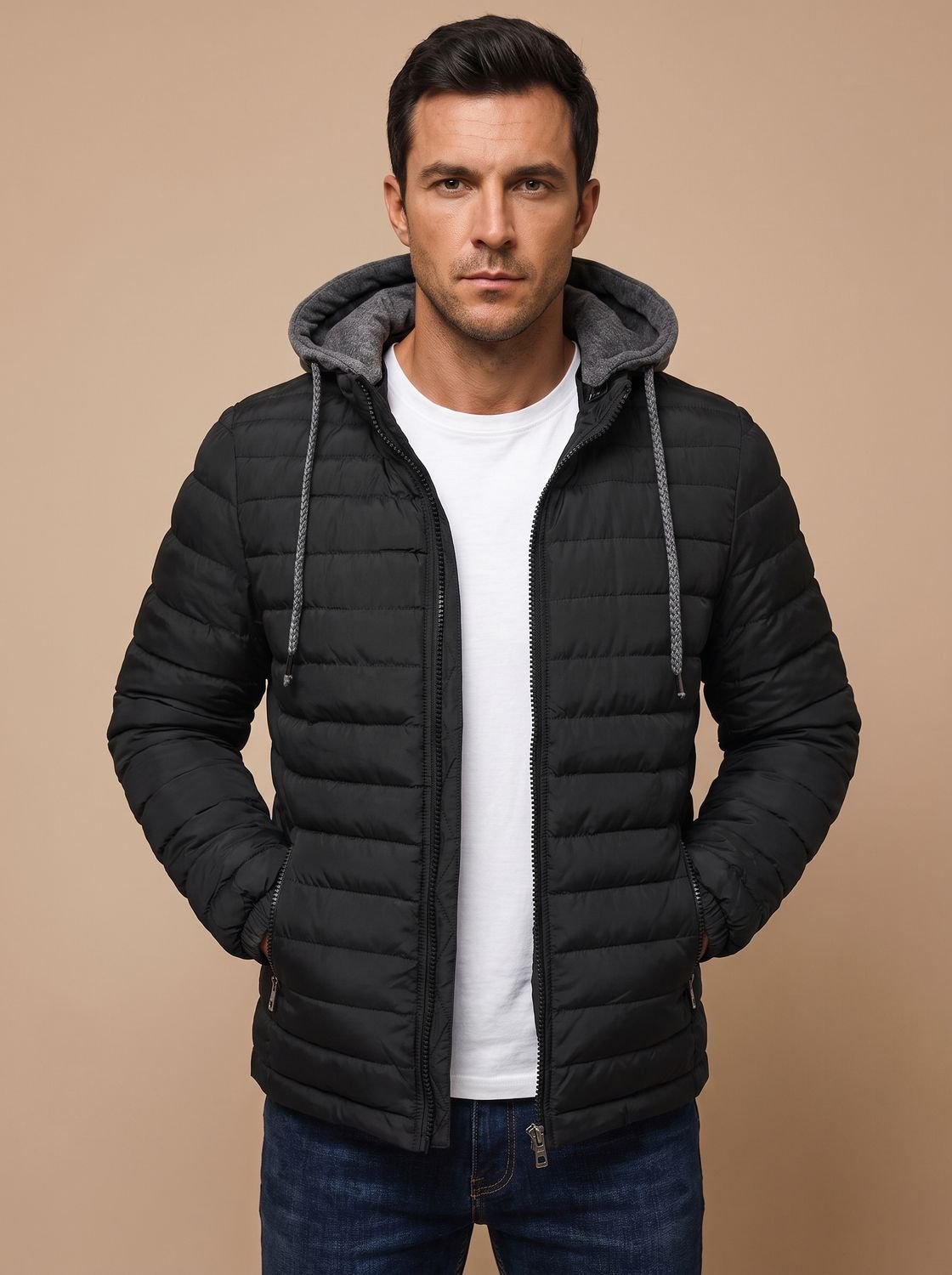 Men's Slim Quilted Puffer Hoodie Jacket with Zip Pockets - Black