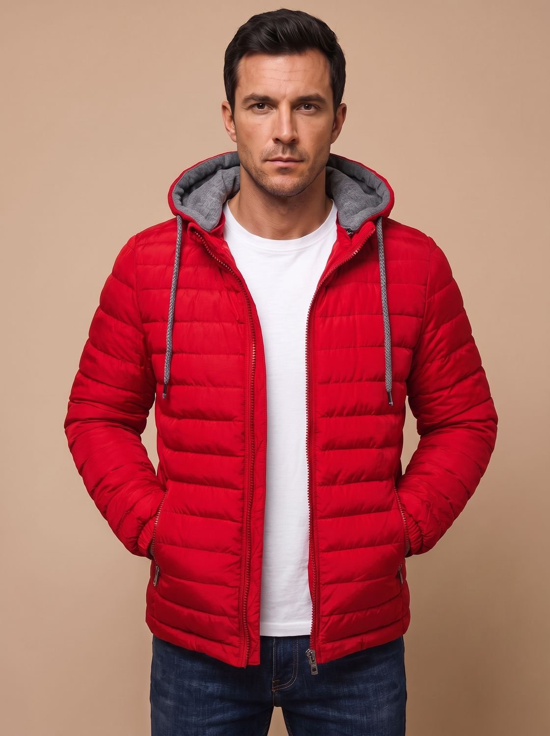 Men's Slim Quilted Puffer Hoodie Jacket with Zip Pockets - Red