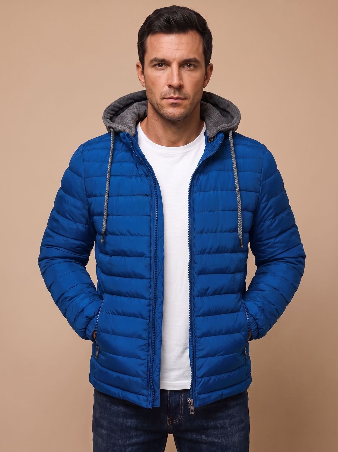 Men's Slim Quilted Puffer Hoodie Jacket with Zip Pockets - Royal Blue