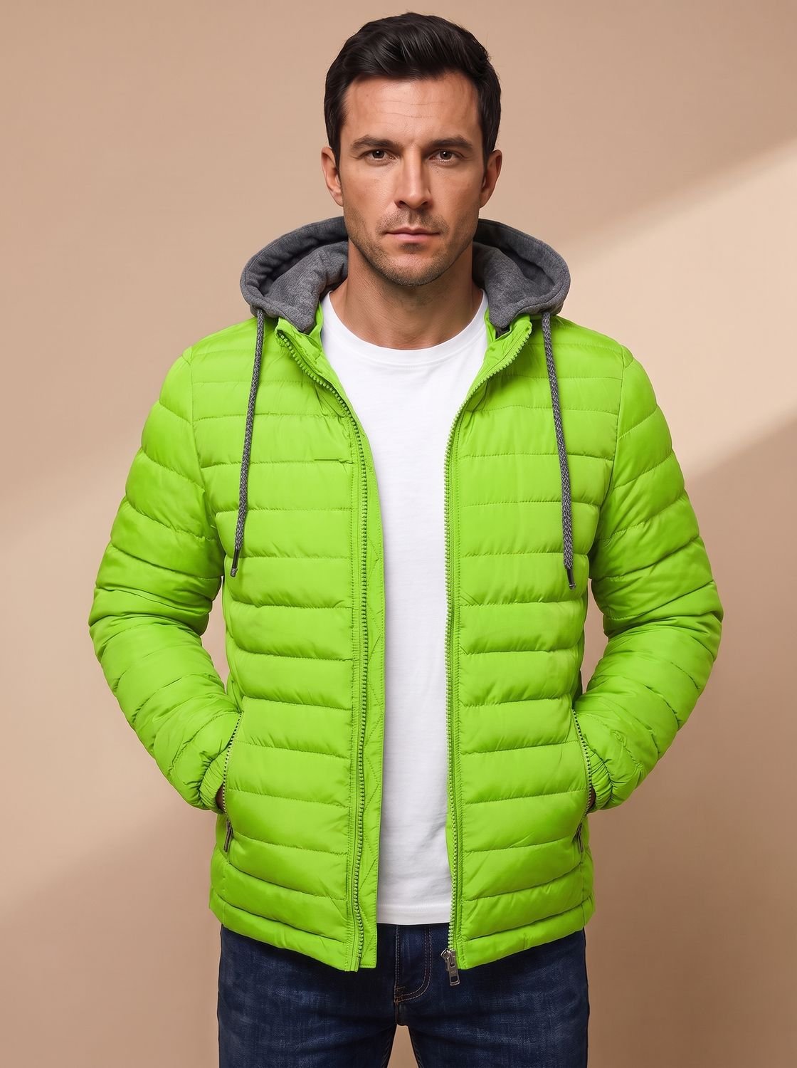 Men's Slim Quilted Puffer Hoodie Jacket with Zip Pockets - Green