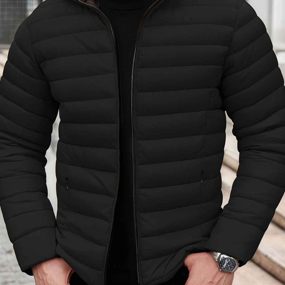 Men's Packable Channel-Quilted Zip Puffer Jacket - Black