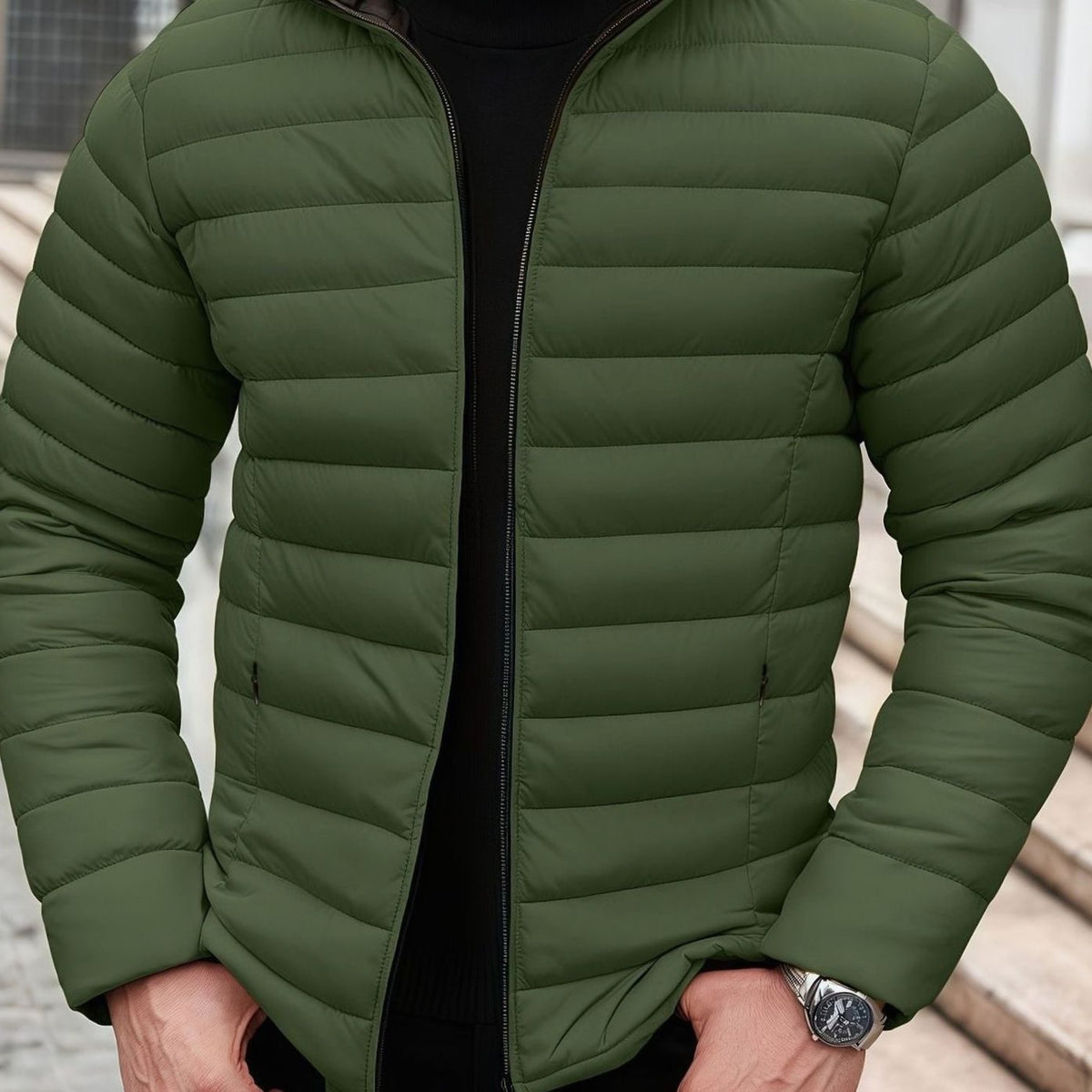 Men's Packable Channel-Quilted Zip Puffer Jacket - Green