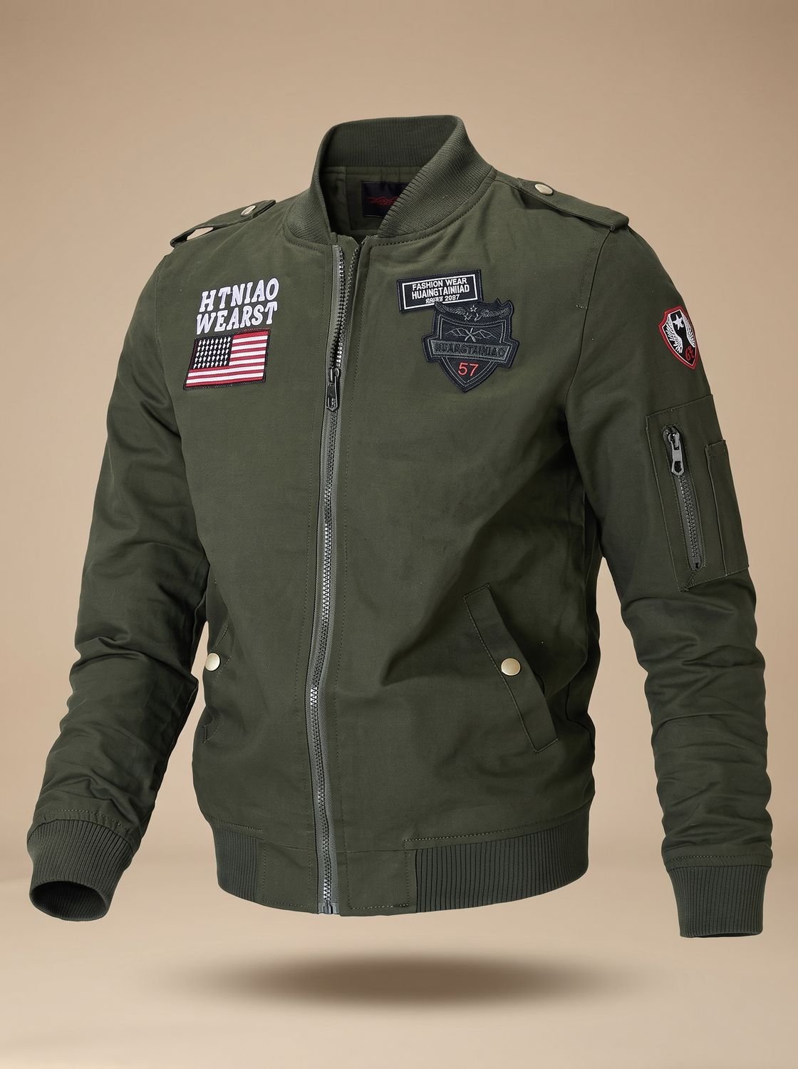 Men's Embroidered Patch Bomber with Epaulettes and Sleeve Pocket