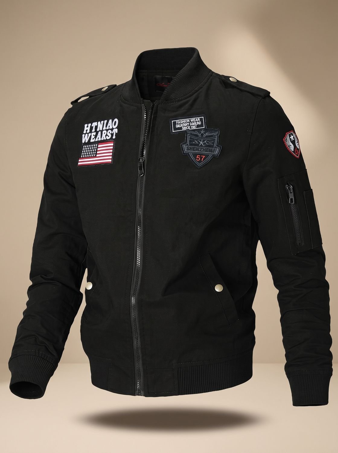 Men's Embroidered Patch Bomber with Epaulettes and Sleeve Pocket