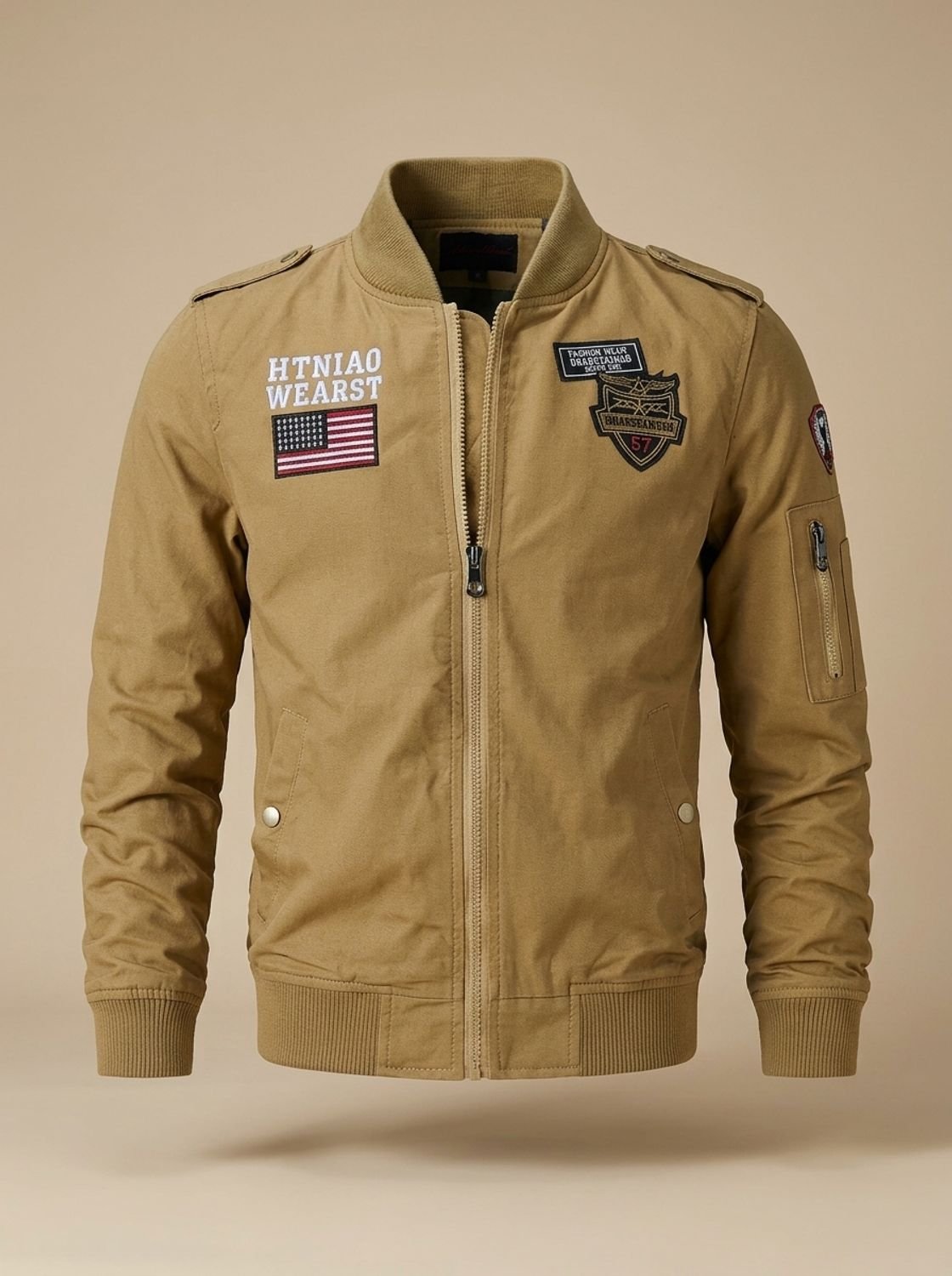 Men's Embroidered Patch Bomber with Epaulettes and Sleeve Pocket