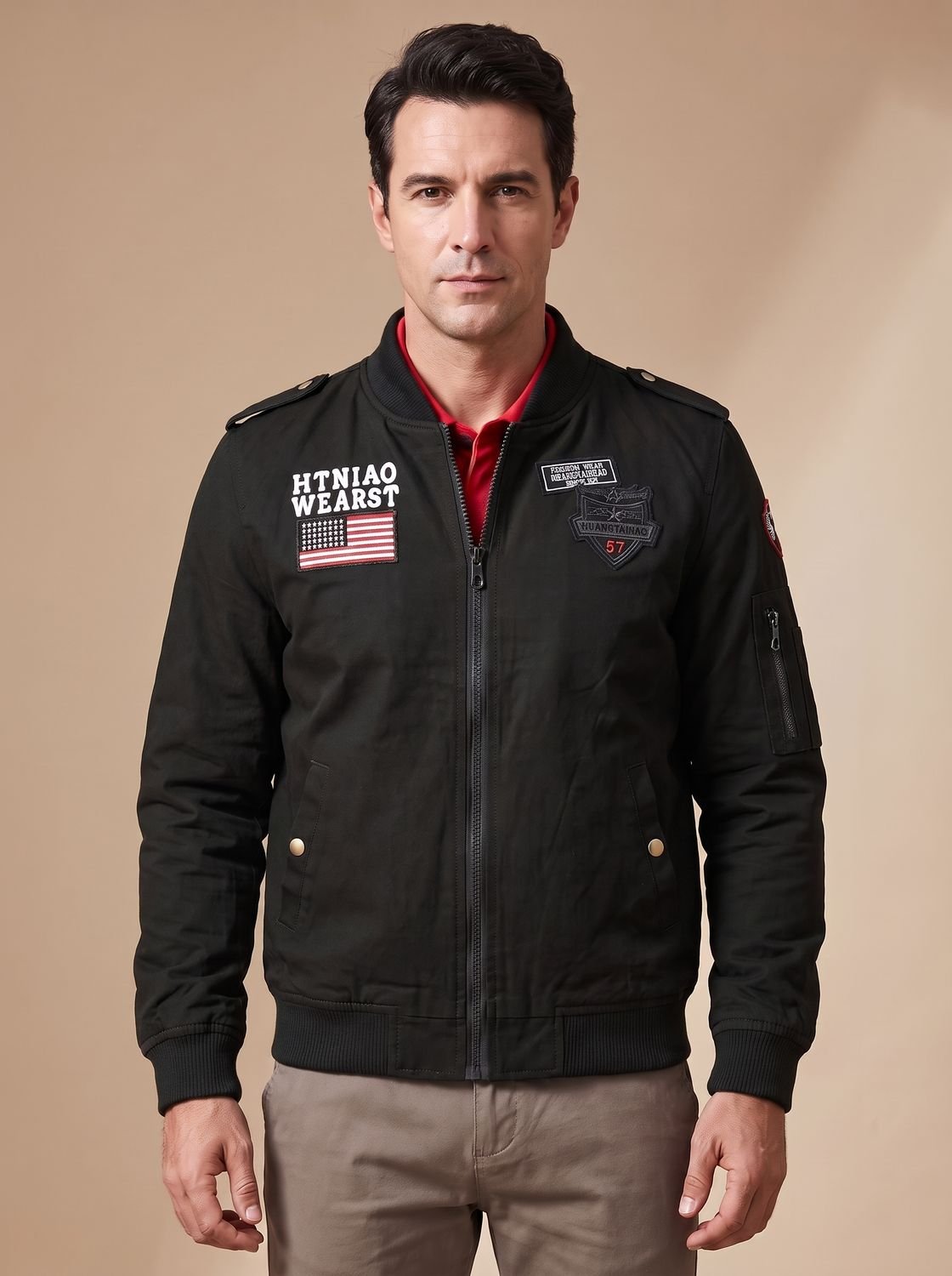 Men's Embroidered Patch Bomber with Epaulettes and Sleeve Pocket - Black
