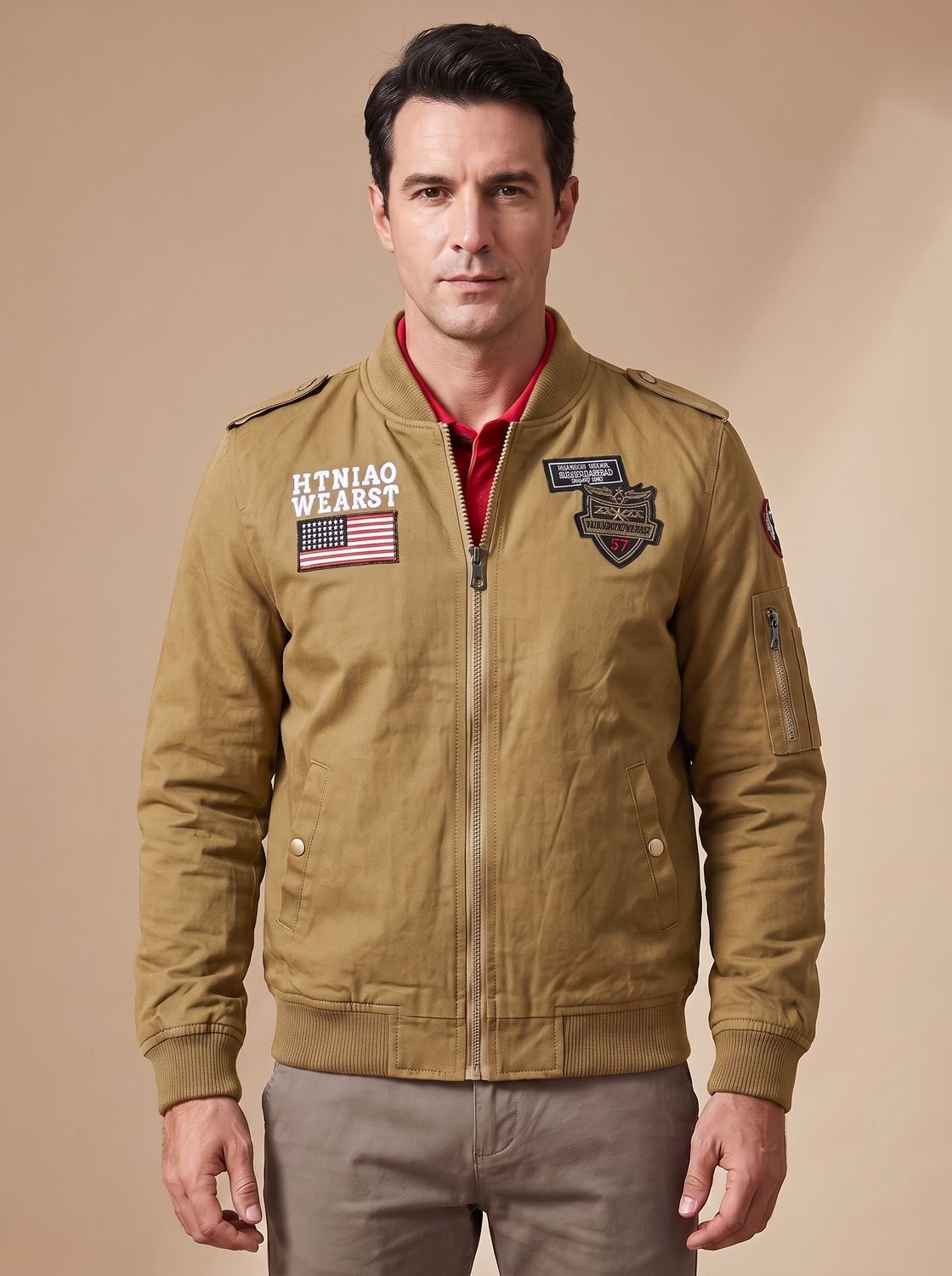 Men's Embroidered Patch Bomber with Epaulettes and Sleeve Pocket - Dark Khaki