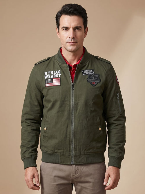 Men's Embroidered Patch Bomber with Epaulettes and Sleeve Pocket - Dark Green